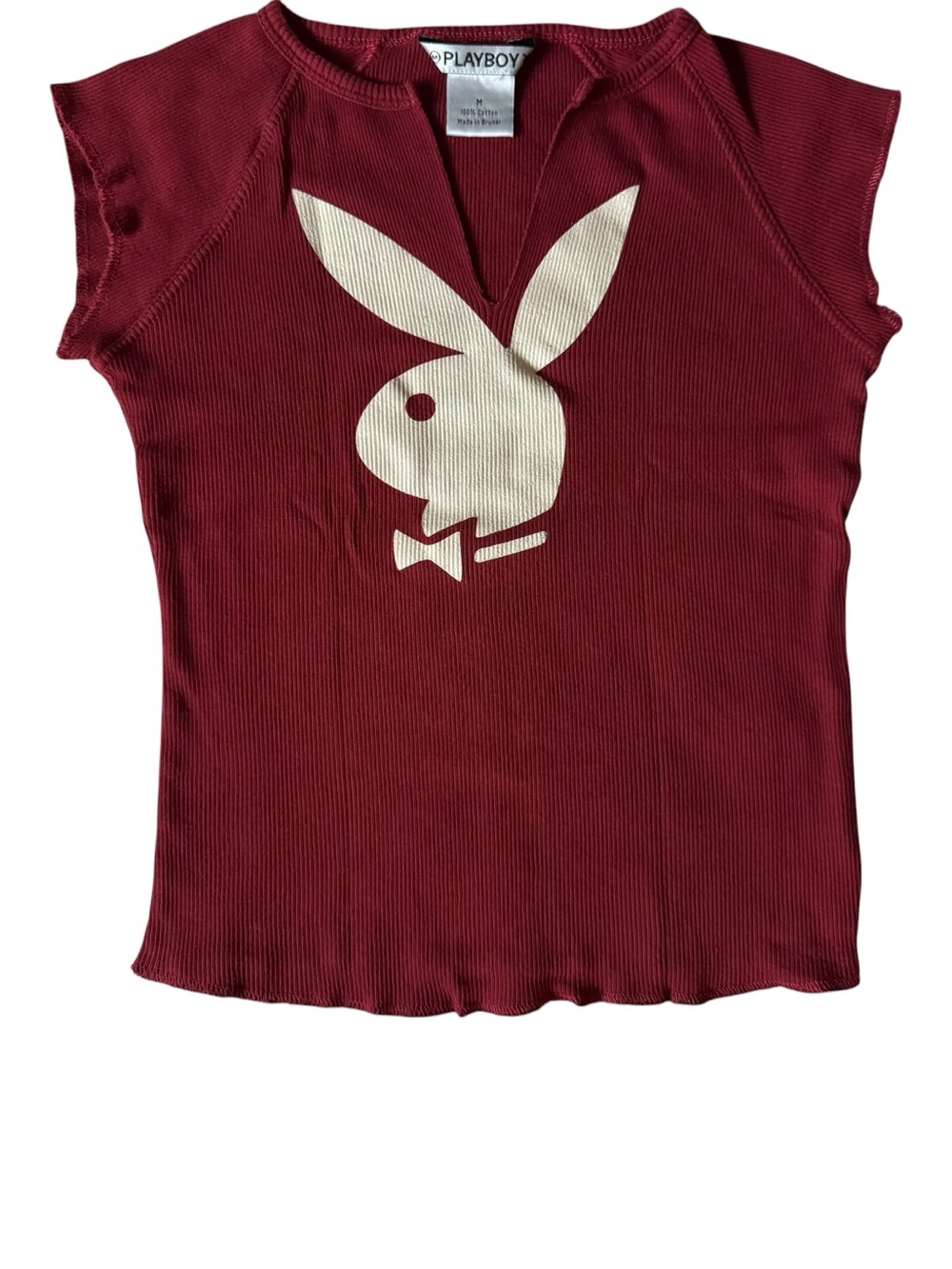 True Vintage Y2K PLAYBOY Ribbed Split V-Neck Bunny Logo Baby Tee Medium - Picture 1 of 8